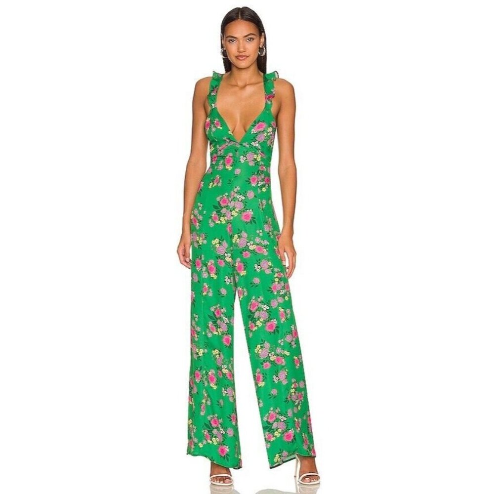 RESA Green Floral Wide-Leg Jumpsuit with Pink Blossoms